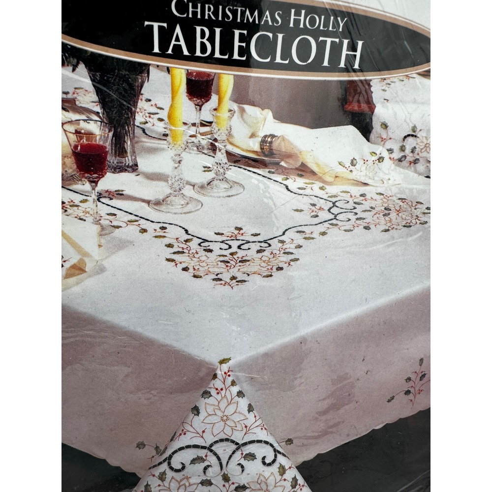 Vtg 1995 Christmas Holly Tablecloth 66x84 Oblong NIP Embroidered Cutwork Ecru - Picture 7 of 11